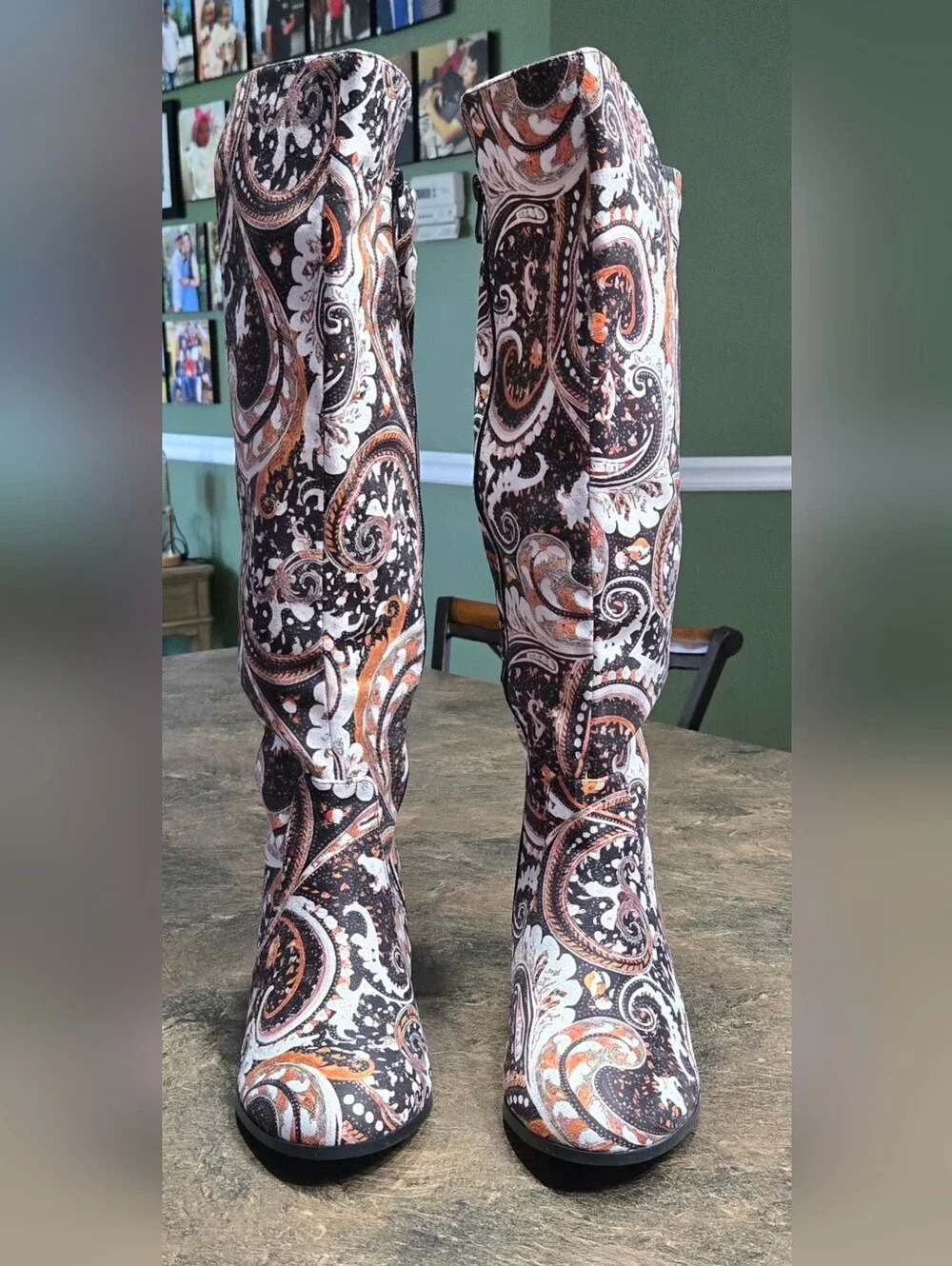 Women's Paisley Pattern Knee-High Heeled Boots #1274 - Picture 1 of 8